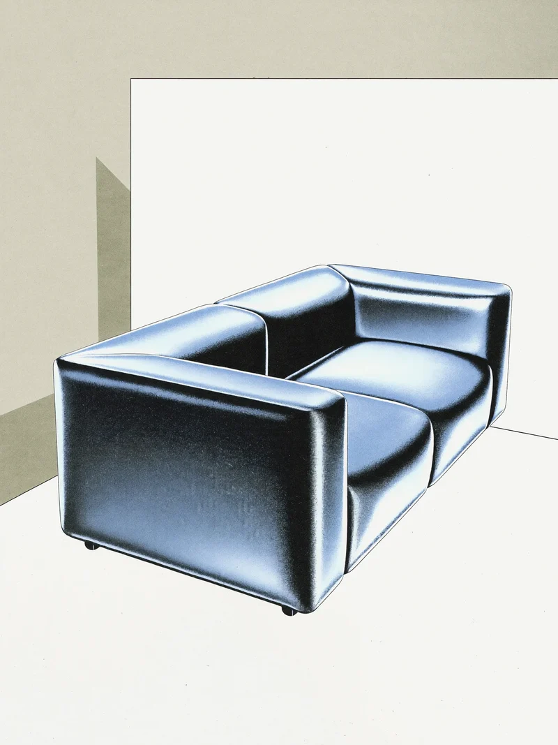 Illustration eines niedrigen modularen Textilsofas als Konzeptentwurf